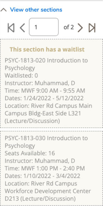 Screenshot of a list showing the details of a planned courses