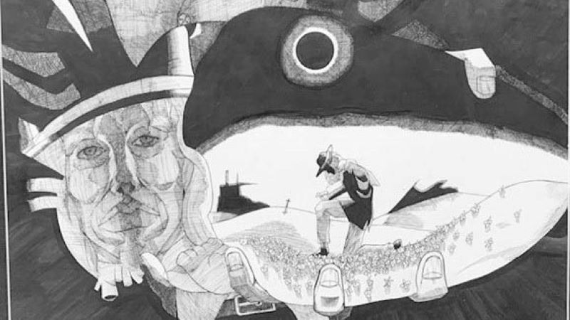 A man with a hat holding a fish with another man inside in gray and black visuals