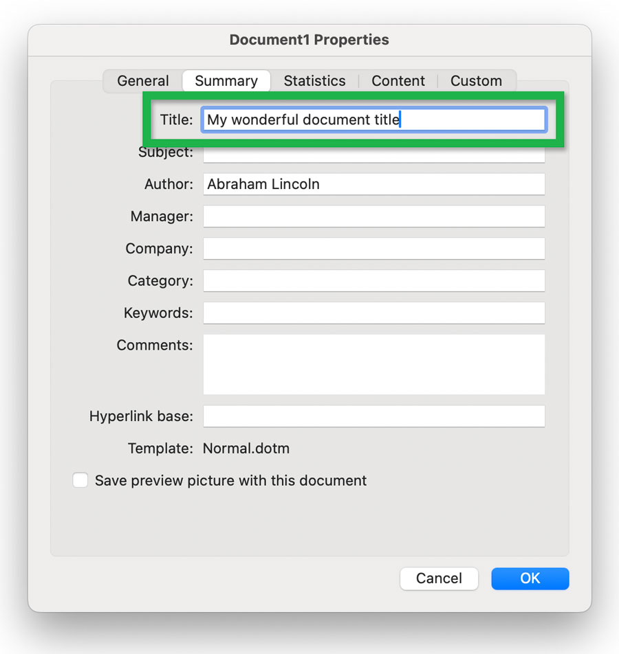 Screenshot highlighting the 'Title' field of the 'Summary' tab
