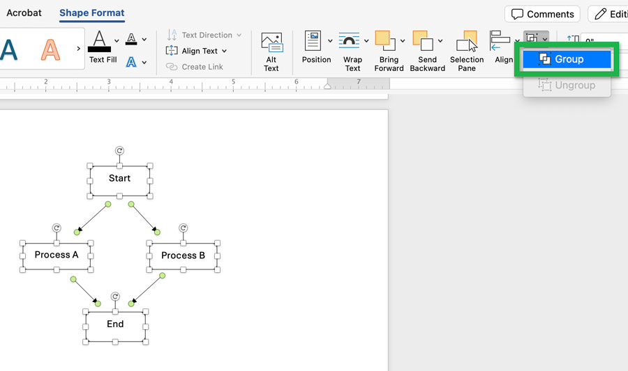 Screenshot highlighting the 'Group' option in the 'Group Objects' dropdown in Word