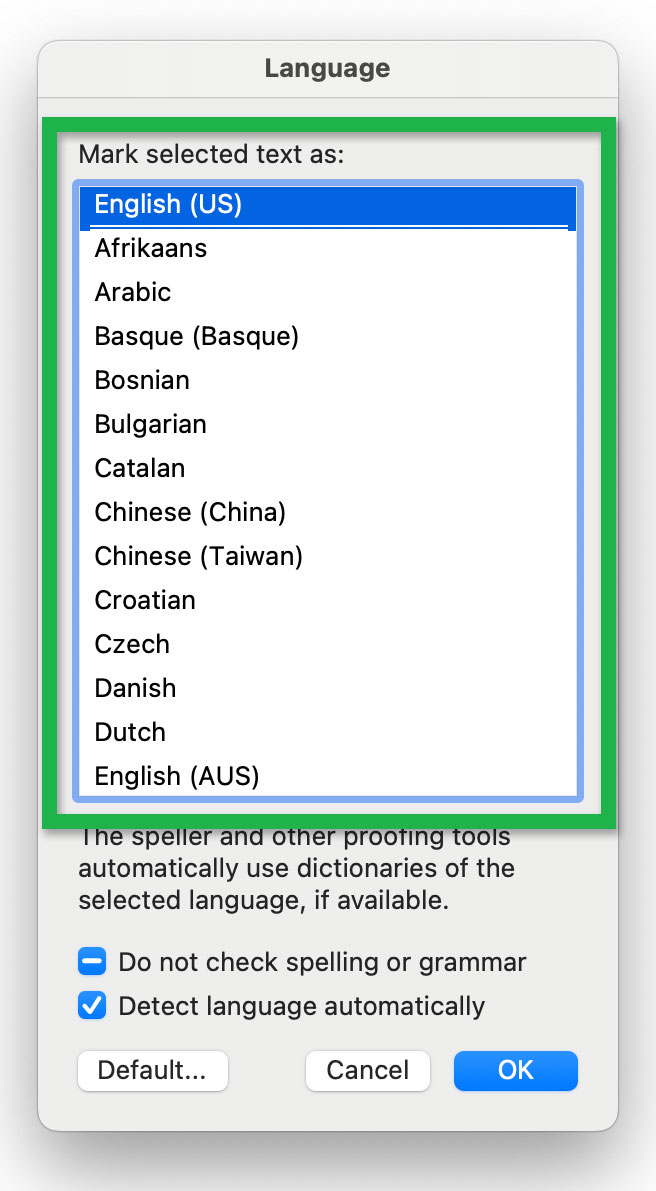 Screenshot highlighting the 'Language' tool of the 'Review' tab
