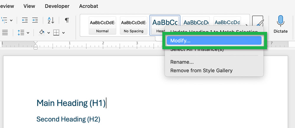 Screenshot of a Word document showing the menu from right-clicking the 'Heading 1' style with a green rectangle highlighting the 'Modify...' option