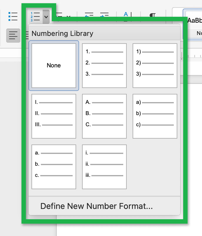 Screenshot highlighting the 'Numbering Library' options