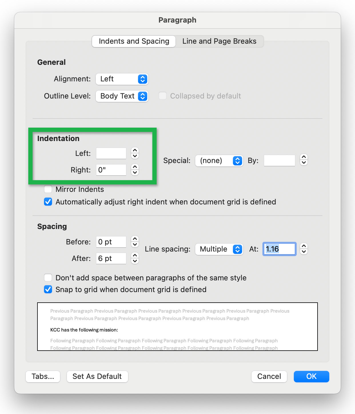 Screenshot highlighting the 'Left' and 'Right' fields under 'Indentation' in the 'Paragraph' window.