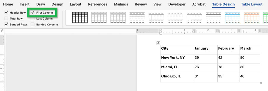 Screenshot highlighting the 'First Column' checkbox in Word