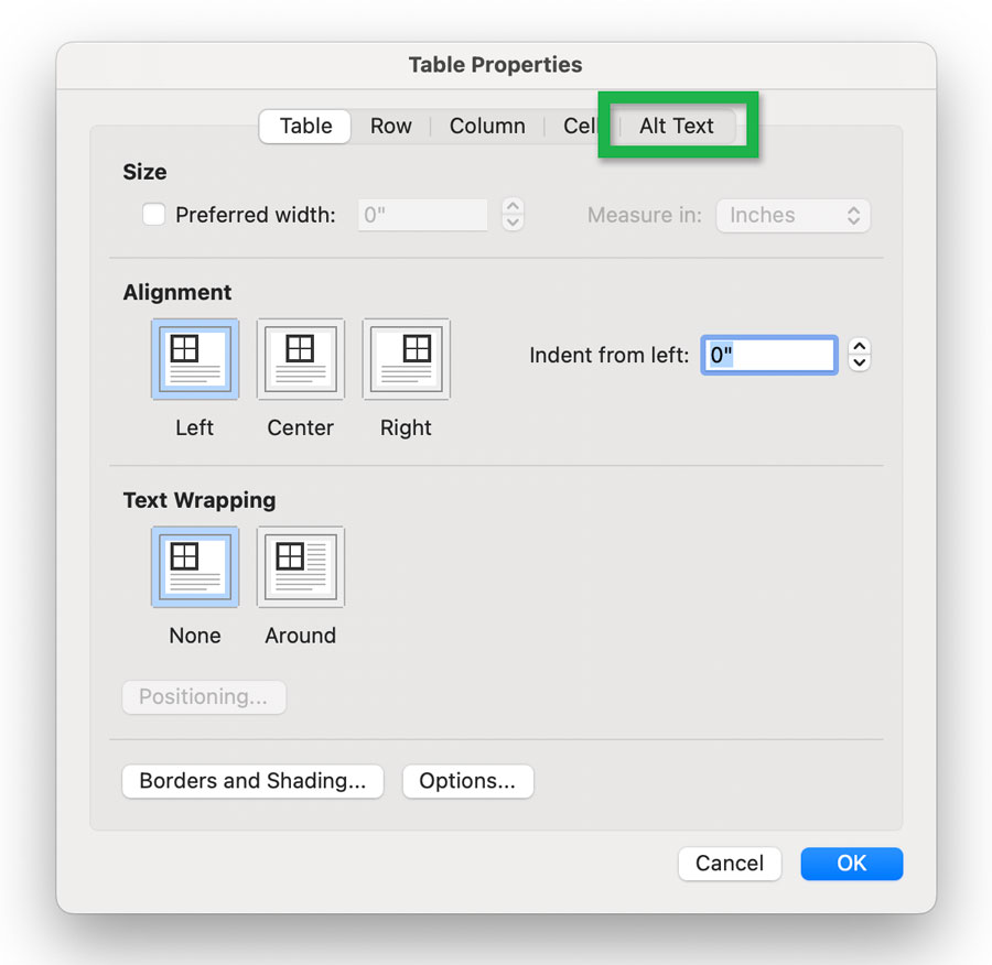 Screenshot highlighting where the 'Alt Text' tab is located in the 'Table Properties' window.